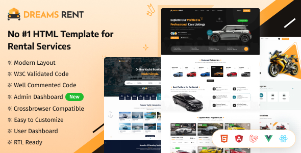 Dreams Rent - Vehicle Car Bike Bus & Yacht Rental Booking Template (HTML React Laravel)