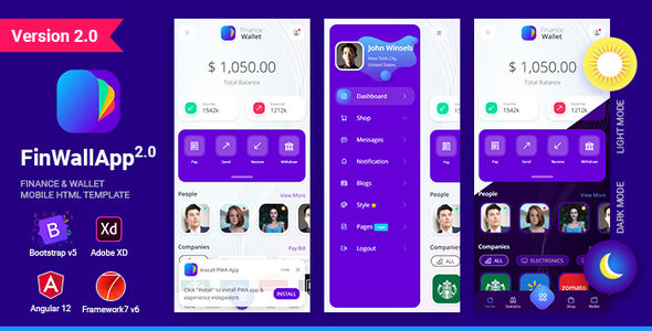 Finwallapp 2.0 - Finance Wallet Mobile HTML template Bootstrap 5 Framework7 Angular 12