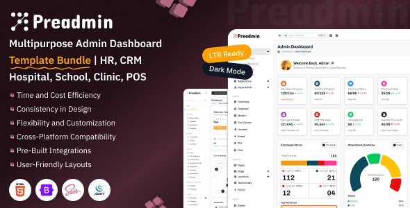 Preadmin Pro - All in One Admin Dashboard Bundle for HR POS CRM & Education Systems