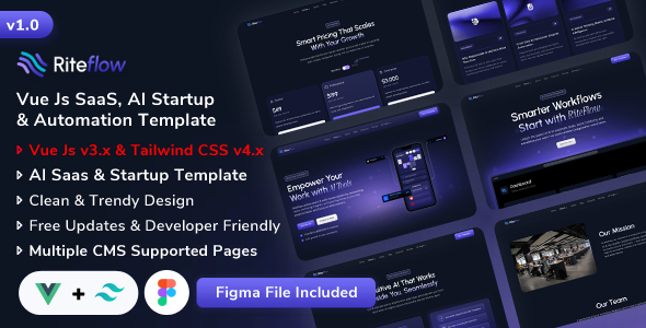 RiteFlow - Vue 3 AI Startup, SaaS & Automation Tech Business Template