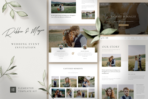 Robbie & Magie  Wedding Event Invitation Elementor Pro Template Kit
