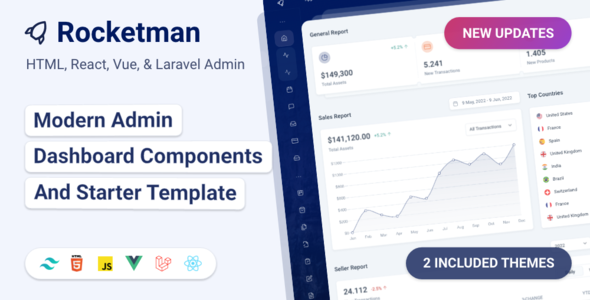 Rocketman 2.0.1 - Tailwind CSS React 18 Vuejs 3 HTML & Laravel 9 Admin Dashboard Template