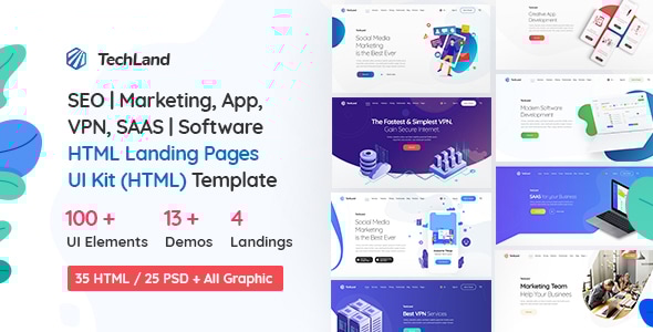 TechLand - SEOMarketing SAASSoftware App VPN Landing pages  UI Kit HTML Template