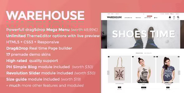 Warehouse 5.3.3 Prestashop theme with paqe builder